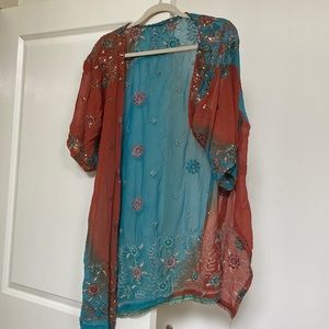 Handmade Beaded Kimono - Teal/Brown